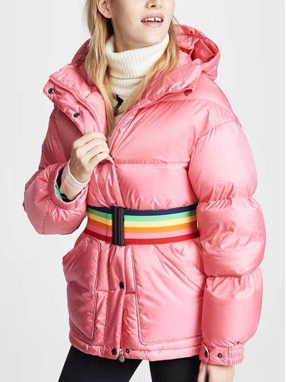 Red Perfect Moment Jacket with Rainbow Belt - Women's Winter Coat
